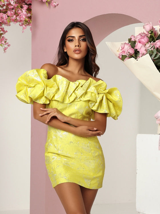 yellow ruffle off the shoulder dress Paige Yellow Off The Shoulder Mini Dress - US 2